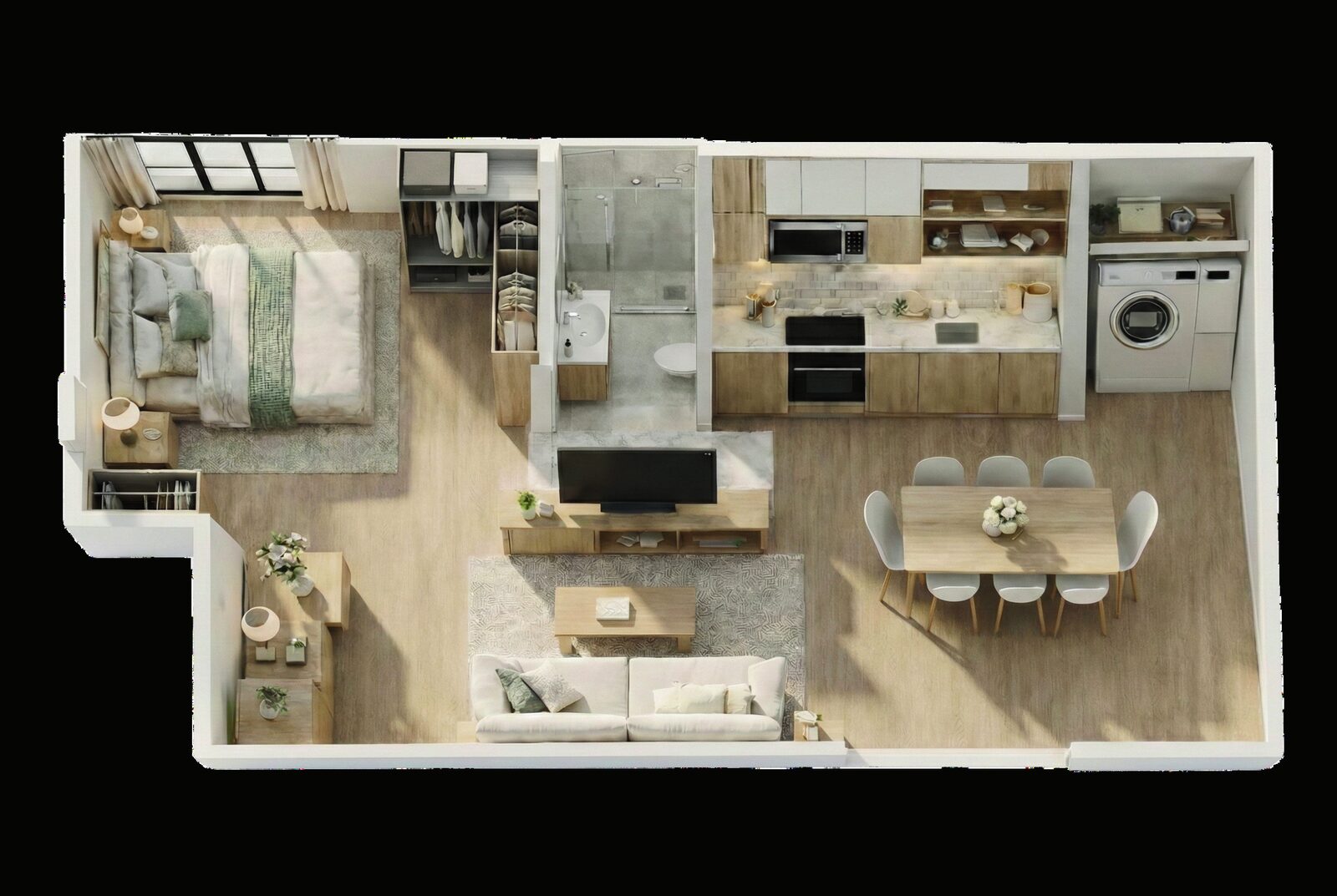 ADU dining and kitchen space at dusk